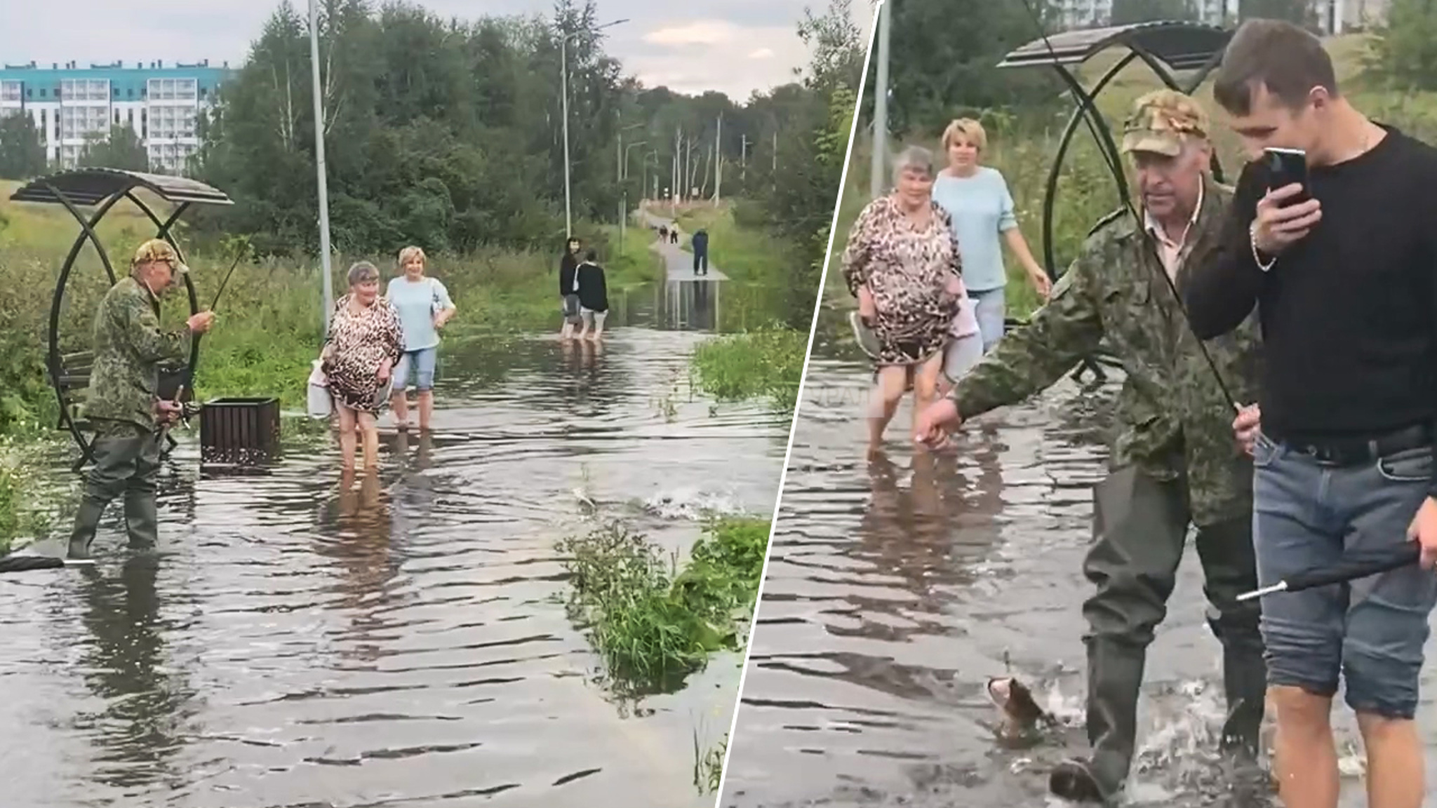 Житель Миасса поймал щуку на затопленной водой городской остановке