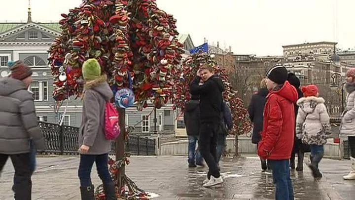 На Третьяковском мосту в Москве обновили "деревья счастья"